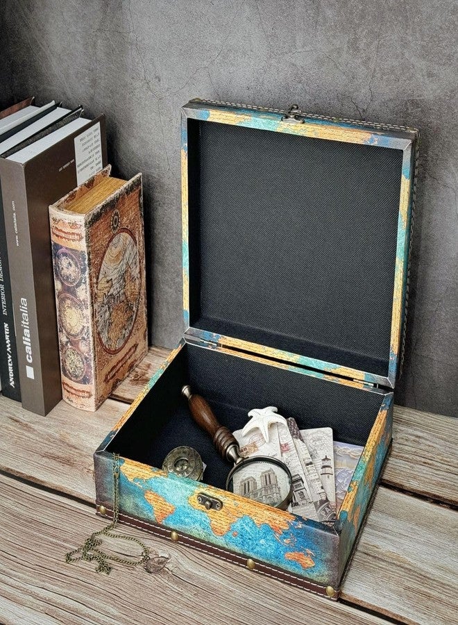 Amedoo Treasure Box Vintage Wooden + PU Leather Decorative Trinket Jewelry Box Memento Case Box Keepsake Box Gifts For Kids Girls Women Men Home Decor (Map/Green, Medium) - Image 5